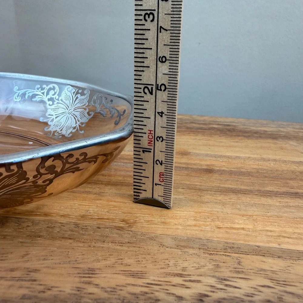 Pink Depression Divided Relish Dish Sterling Silver Overlay Floral 8.75in